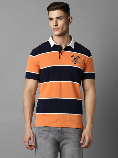 Louis Philippe Orange Navy Cotton Slim Fit Striped Polo T-Shirt