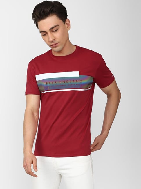 Peter England Dark Red Slim Fit Graphic Print Crew T-Shirt