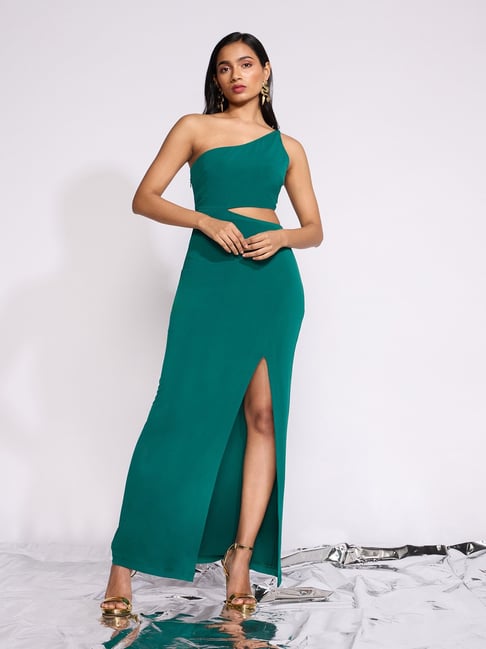 Olive Green & Gold-Toned A-Line Maxi Dress