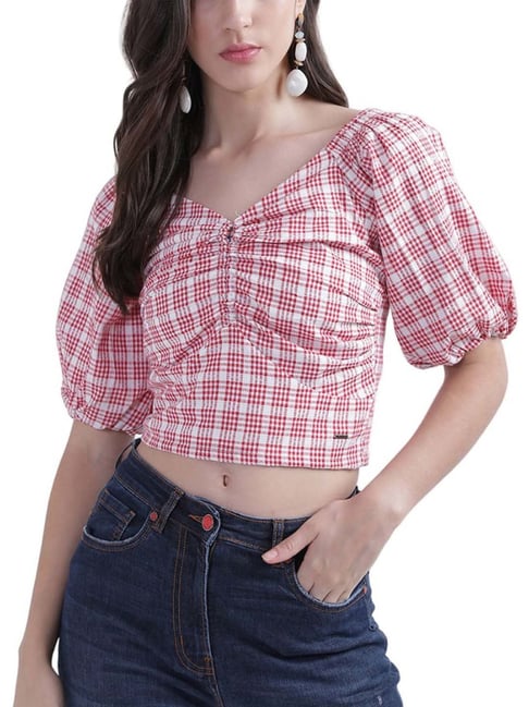 Elle White & Red Cotton Chequered Crop Top-picture-30