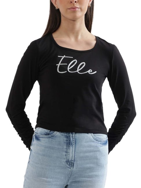 Elle Black Cotton Printed Fitted T-Shirt-picture-22