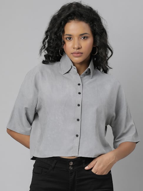 showoffff SHOWOFF Grey Cotton Relaxed Fit Crop Shirt-picture-36