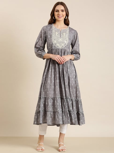showoffff SHOWOFF Grey Cotton Floral Print Kurta-picture-39