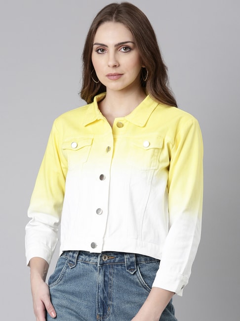 SHOWOFF Yellow & White Color-Block Denim Jacket