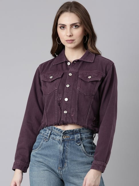 SHOWOFFFF Purple Regular Fit Crop Denim Jacket