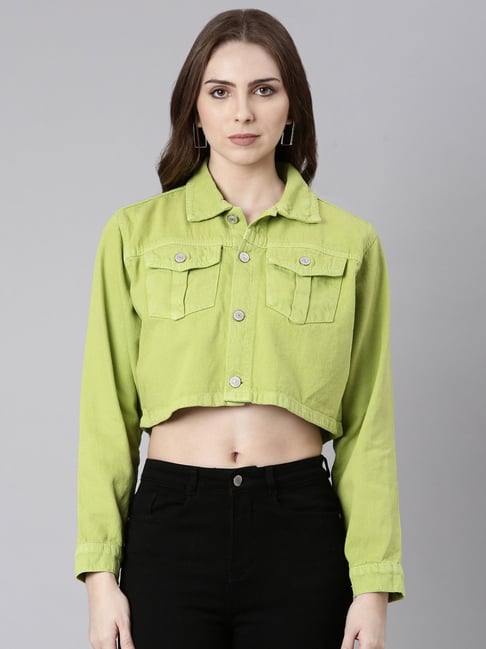 SHOWOFF Lime Green Relaxed Fit Crop Denim Jacket