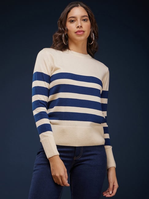 Fablestreet Off White Blue Striped Sweater