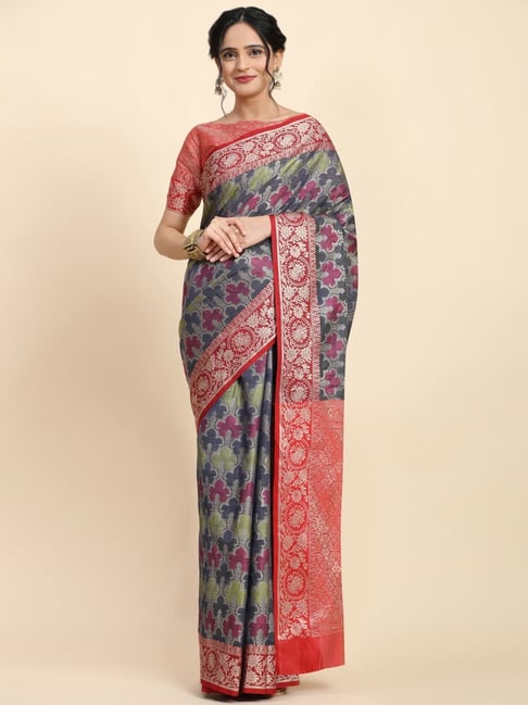 JUST FASHION Navy & Green Silk Woven Saree With Unstitched Blouse
