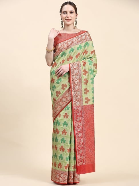 JUST FASHION Mint Green Silk Woven Saree With Unstitched Blouse
