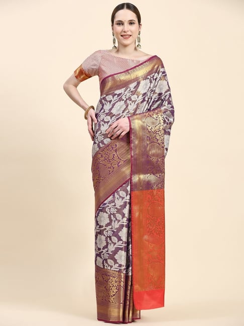 JUST FASHION Purple Silk Woven Saree With Unstitched Blouse