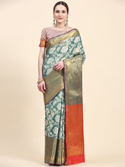 JUST FASHION Teal Green Silk Woven Saree With Unstitched Blouse
