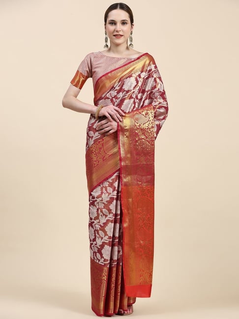 JUST FASHION Maroon Silk Woven Saree With Unstitched Blouse