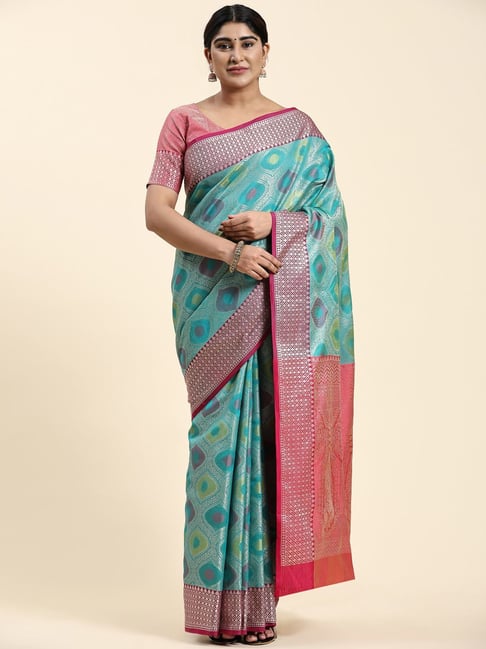 JUST FASHION Teal Blue Silk Woven Saree With Unstitched Blouse-picture-22