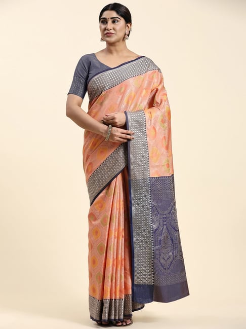 JUST FASHION Peach Silk Woven Saree With Unstitched Blouse