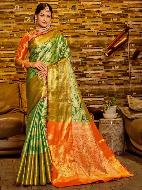 JUST FASHION Green Silk Woven Saree With Unstitched Blouse