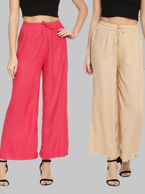 TWIN BIRDS Pink & Beige Mid Rise Palazzos - Pack Of 2-picture-16
