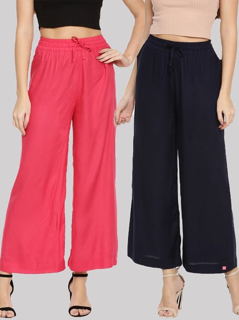 TWIN BIRDS Pink & Navy Mid Rise Palazzos - Pack Of 2-picture-23