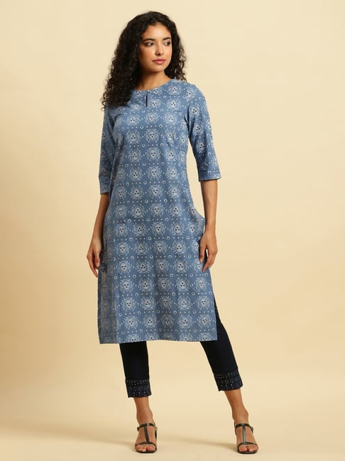W Blue Cotton Printed Straight Kurta