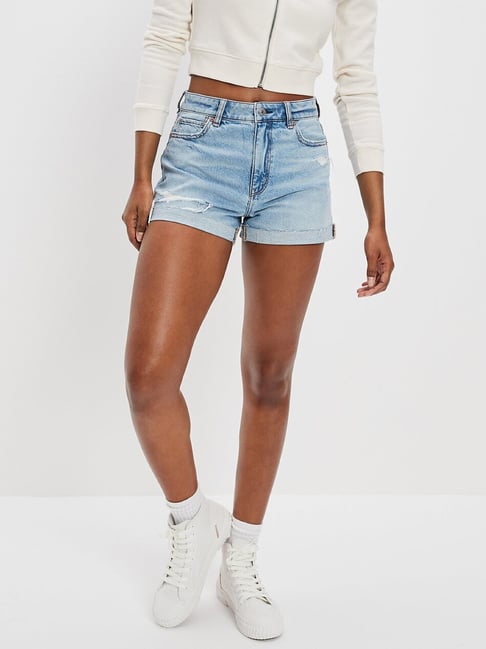 American Eagle Outfitters Ice Blue Cotton Distressed Shorts-picture-13