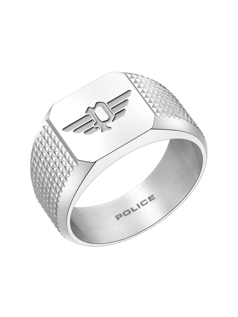 Police Signet P Wing Logo Silver Ring for Men