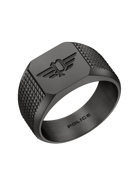 Police Signet P Wing Logo Black Ring for Men
