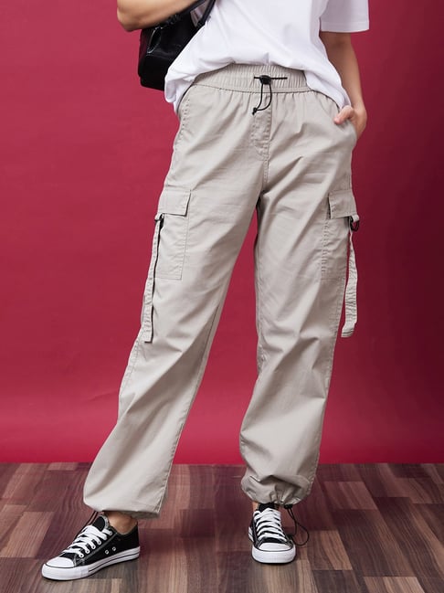 Globus Women Steel Grey Mid-Rise Elasticated Drawstring Waist Cargo Joggers