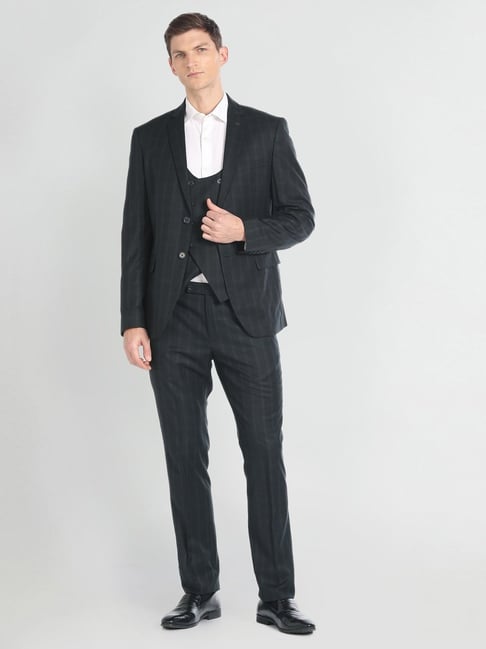 Arrow Olive Green Regular Fit Checks Three Piece Suit