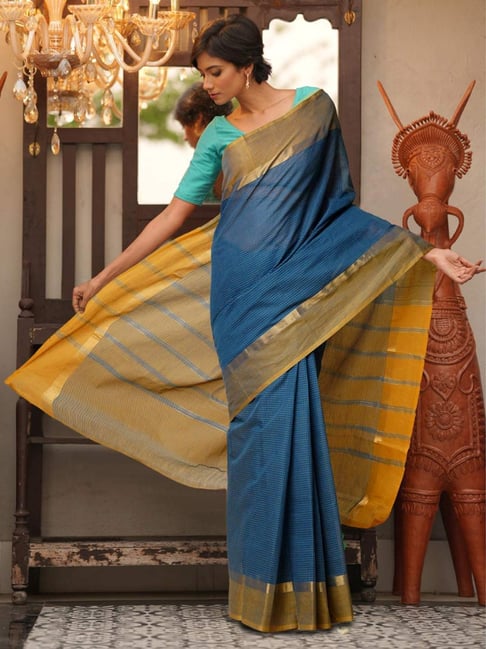 Peacock Blue with Manthulir Green Semi - Silk Saree