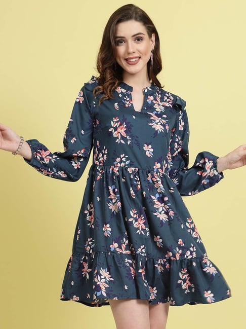 Melon by PlusS Teal Blue Floral Print A-Line Dress-picture-25