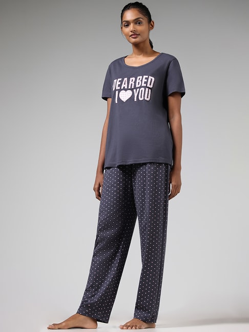 Buy Wunderlove Violet Printed T-Shirt and Polka Dotted Pyjamas