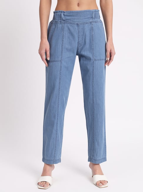Angelfab Sky Blue Denim Straight Fit High Rise Trousers