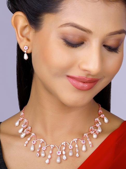 Rose gold and pearl hot sale necklace and earring set