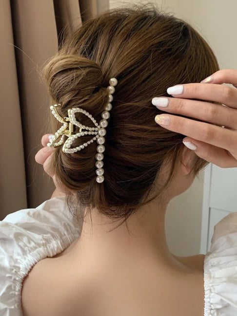 Buy OOMPH Gold Tone White Pearls Bow Design Hair Claw Online At