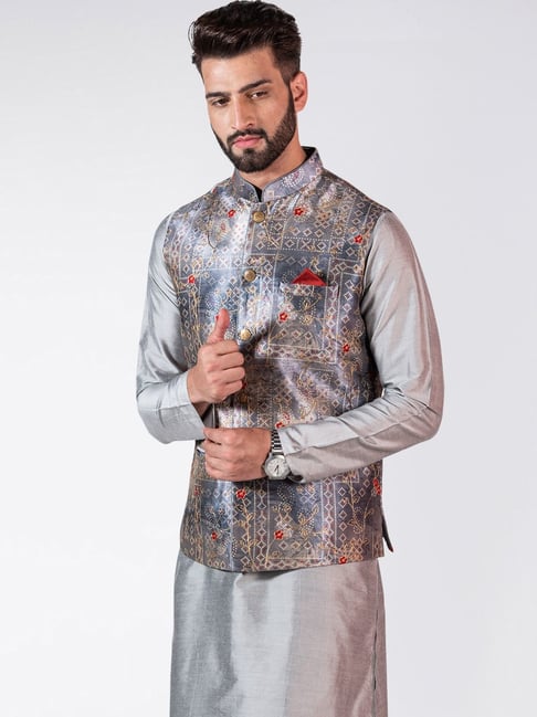 Buy KISAH Grey Regular Fit Embroidered Nehru Jacket for Mens
