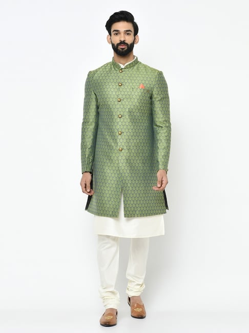 KISAH Green &amp; White Regular Fit Jacquard Sherwani Set