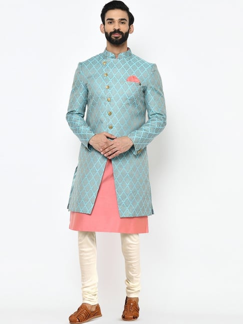 KISAH Multicolored Regular Fit Jacquard Sherwani Set