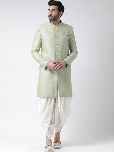 KISAH Green &amp; White Regular Fit Jacquard Sherwani Set