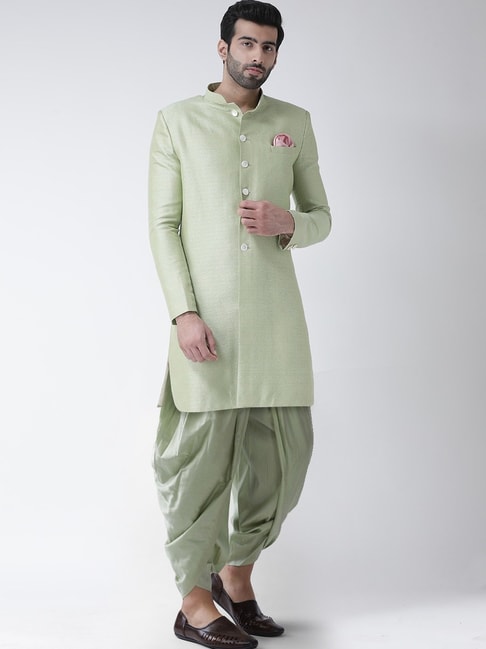KISAH Green Regular Fit Jacquard Sherwani Set