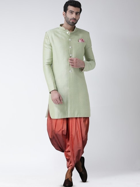 KISAH Green &amp; Pink Regular Fit Jacquard Sherwani Set