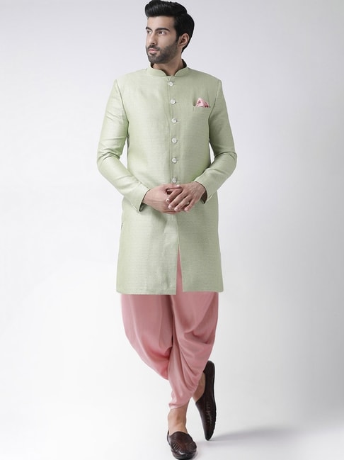 KISAH Green &amp; Pink Regular Fit Jacquard Sherwani Set