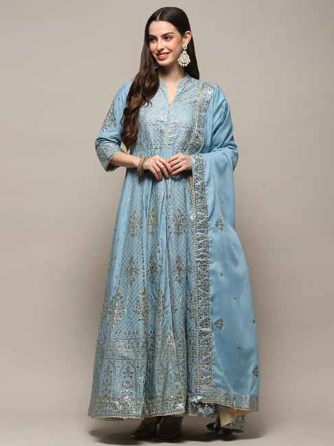 Biba Blue Embroidered Kurta Palazzo Set With Dupatta