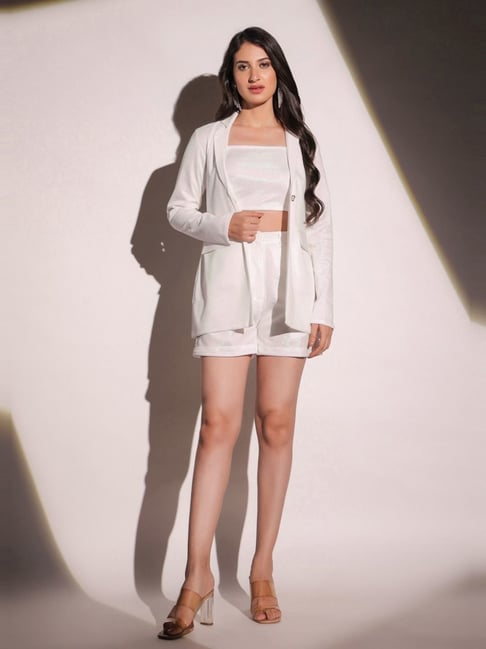 BInfinite White Showtime Pearl Shimmer Blazer with Bralette and Shorts  Co-ord Set