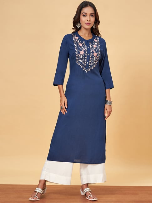 YU by Pantaloons Navy Embroidered Straight Kurta-picture-14