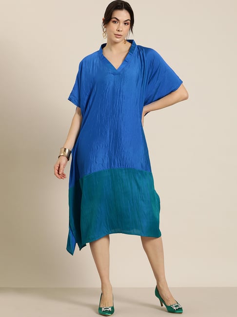 Qurvii Desi Royal Blue & Green Color-Block Kimono Dress-picture-22