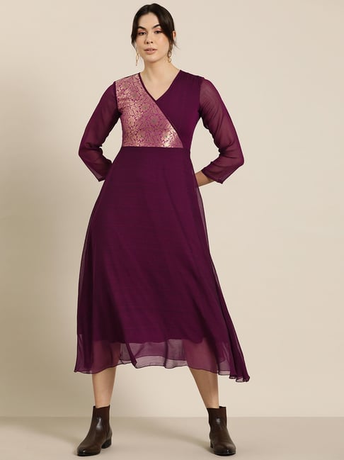 Qurvii Desi Purple Brocade Fit & Flare Dress-picture-11