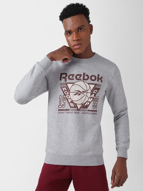 Reebok Grey Melange Regular Fit Graphic Print Sweatshirt