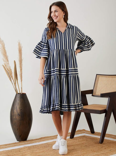 The Kaftan Company Navy Cotton Striped A-Line Dress
