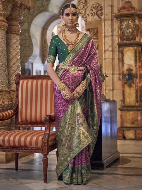 Red Color Latest Soft Banarasi Silk Saree with Green Blouse and Copper Work  - Navshtri Family