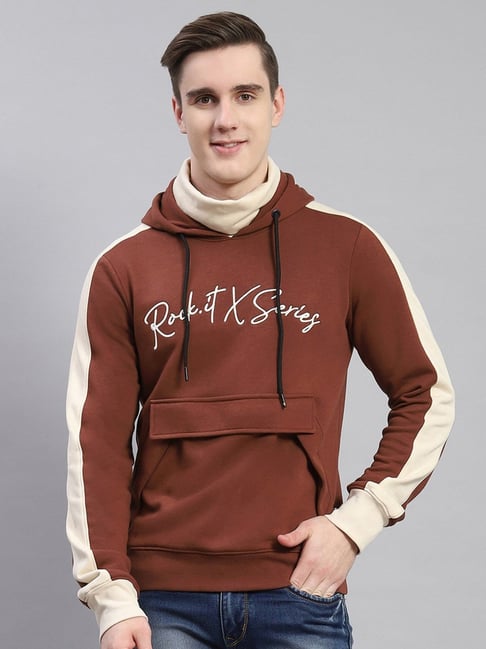 Rock.It Coffee Brown Regular Fit Colour Block Hooded Sweatshirt-picture-28