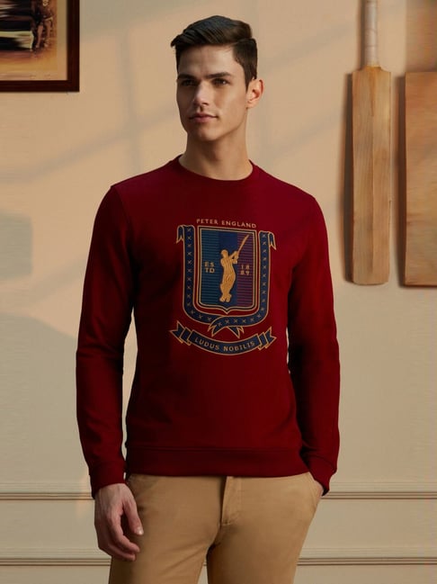 Peter England Maroon Slim Fit Embroidered Sweatshirt